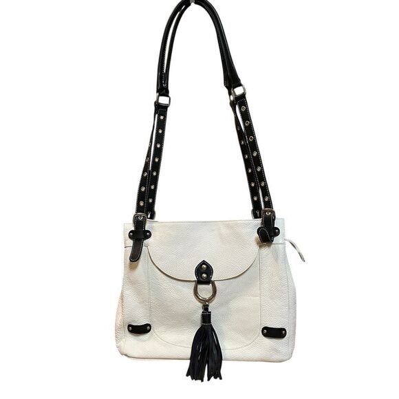 Cavalcanti Soft Leather Italian Shoulder Bag Purse With Black Tassels Off White - Picture 1 of 16